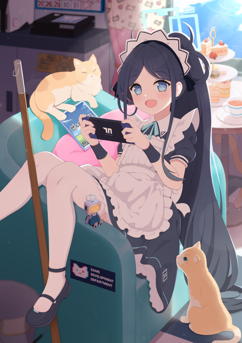 &lt;key&gt;_(robot)_(blue_archive) 1girl absurdly_long_hair absurdres apron aris_(blue_archive) aris_(maid)_(blue_archive) black_dress black_footwear black_hair blue_archive blue_eyes blue_halo cake cake_slice dress food frilled_apron frills halo handheld_game_console highres holding holding_handheld_game_console indoors long_hair looking_at_viewer maid maid_headdress official_alternate_costume open_mouth puffy_short_sleeves puffy_sleeves ringed_eyes shoes short_sleeves smile solo the_legend_of_zelda thighhighs ukai_(user_rvvf3458) very_long_hair white_apron white_thighhighs