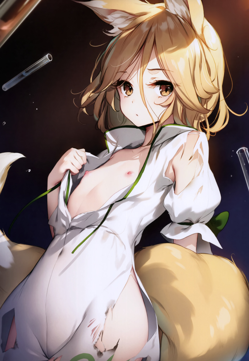 1girl absurdres animal_ear_fluff animal_ears black_background blonde_hair bow closed_mouth covered_navel flat_chest fox_ears fox_girl fox_tail green_bow hair_between_eyes hand_up highres ke-ta kudamaki_tsukasa looking_at_viewer nipples open_clothes puffy_short_sleeves puffy_sleeves romper short_hair short_sleeves simple_background solo standing tail test_tube torn_clothes touhou white_romper yellow_eyes