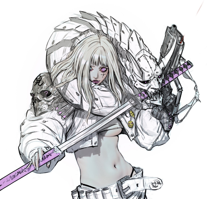 1girl badge belly belt blue_eyes breasts crop_top cropped_jacket cross_tattoo gun heterochromia highres holding holding_gun holding_sword holding_weapon jacket jung_myung_lee long_hair mask midriff purple_eyes purple_lips sheath skull_mask sword underboob unsheathing weapon white_background white_belt white_hair white_jacket