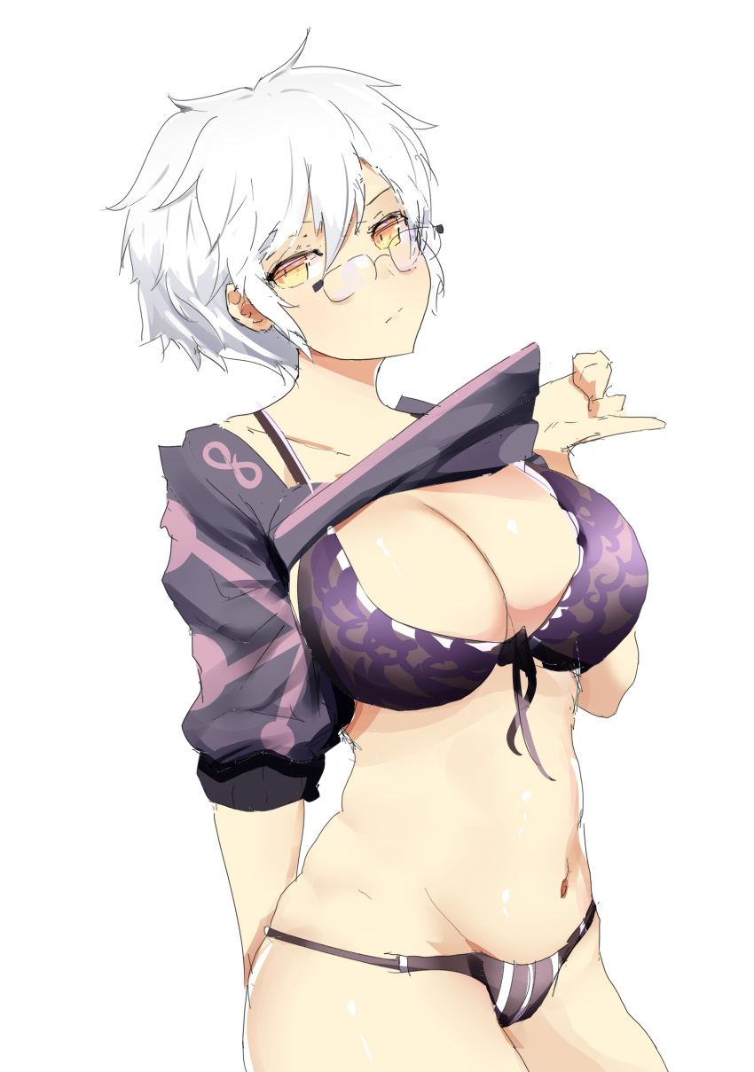 1girl absurdres bikini blush breasts cleavage closed_mouth clothes_lift collarbone cowboy_shot front-tie_bikini_top front-tie_top glasses groin highres kartoffelbrotkaese large_breasts looking_at_viewer miyabi_(senran_kagura) navel purple_bikini senran_kagura senran_kagura_shinovi_versus shiny_skin shirt_lift short_hair short_sleeves simple_background slit_pupils solo striped striped_bikini swimsuit vertical-striped_bikini vertical_stripes white_background white_hair yellow_eyes