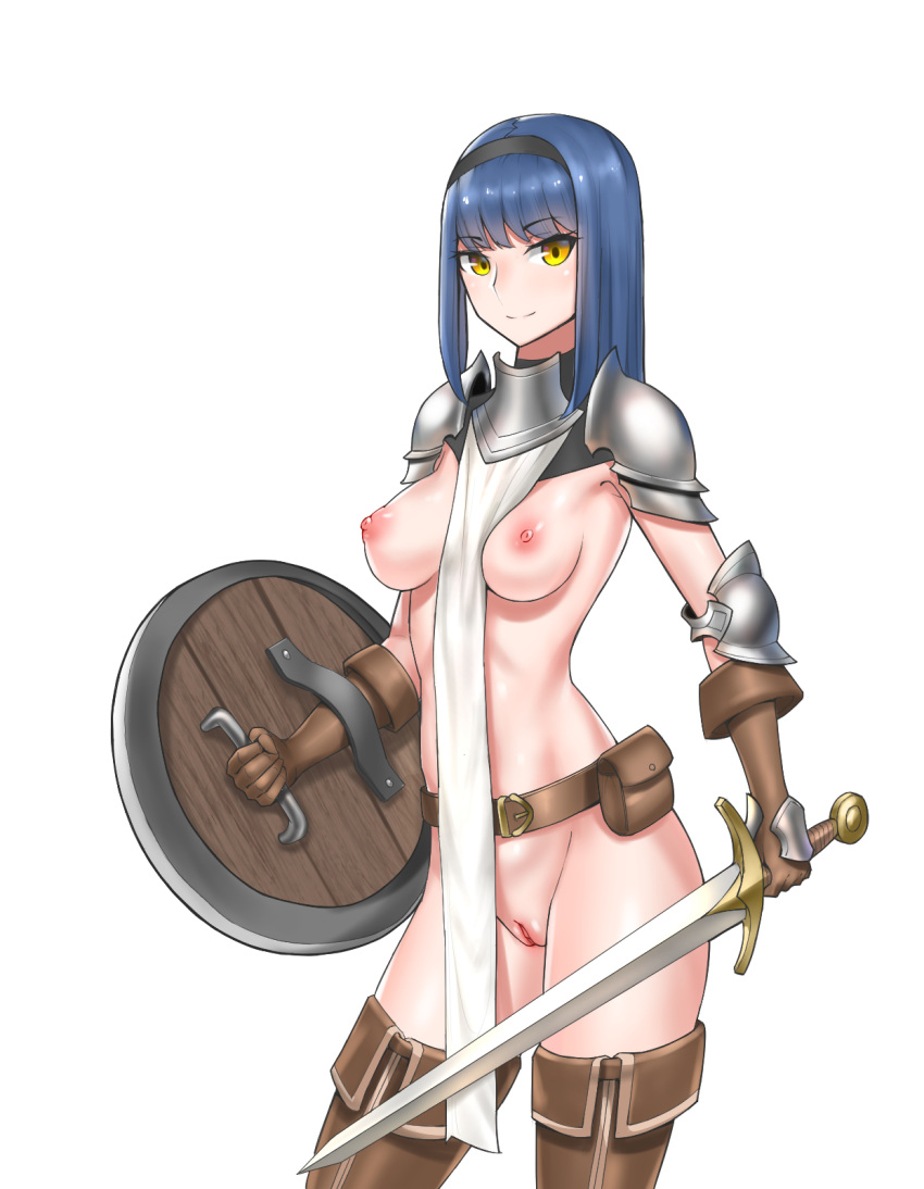 1girl armor belt blue_hair boots breasts hairband highres holding holding_shield holding_sword holding_weapon knight looking_at_viewer medium_breasts medium_hair naked_armor original pelvic_curtain pussy revealing_clothes shield shoulder_pads smile standing sword thigh_boots uncensored vvv_(vvv98048917) weapon white_background yellow_eyes