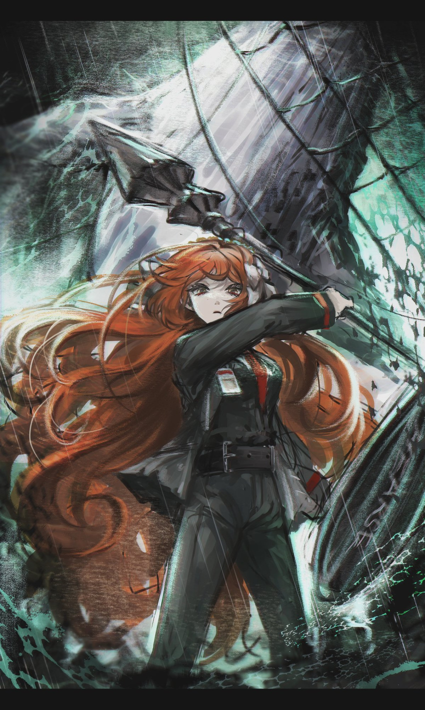 1girl arm_up black_jacket black_pants black_vest bow breasts fishing_net hair_bow highres holding holding_mace holding_shield ishmael_(project_moon) jacket limbus_company long_hair long_sleeves luull medium_breasts necktie ocean orange_hair pants project_moon red_necktie shield solo storm very_long_hair vest water whale white_bow