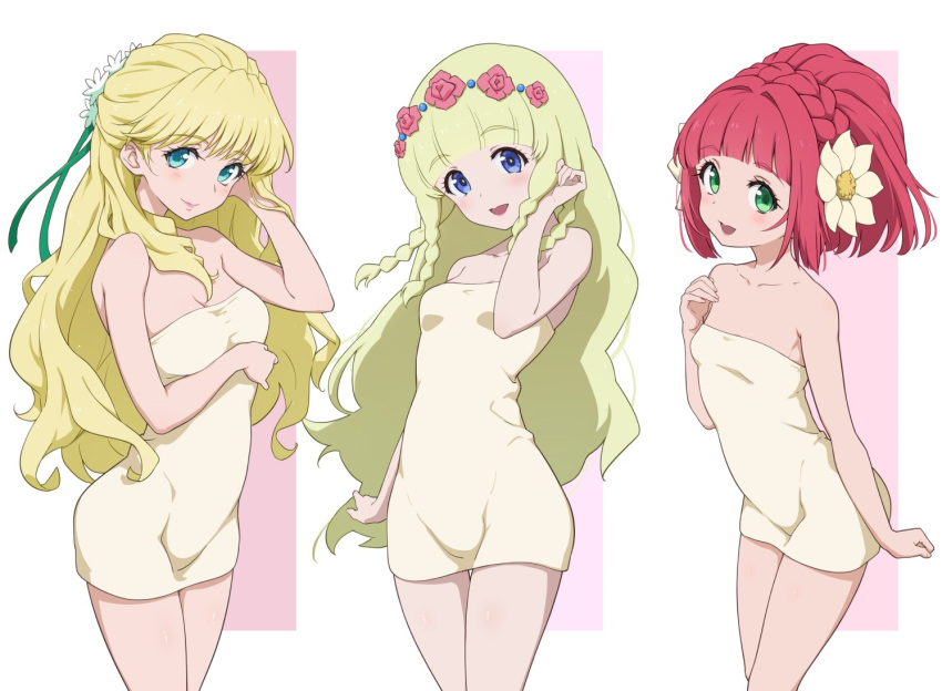 3girls bare_shoulders blonde_hair blue_hair blunt_bangs blush braid breasts claire_bennet cleavage closed_mouth collarbone commentary_request crossover flower green_eyes groin hair_flower hair_ornament kiikii_(kitsukedokoro) large_breasts long_hair looking_at_viewer medium_breasts multiple_girls naked_towel open_mouth pink_lips red_hair rubia_natwick shirley_fennes small_breasts smile standing tales_of_(series) tales_of_asteria tales_of_legendia tales_of_rebirth tales_of_the_tempest thighs towel wavy_hair