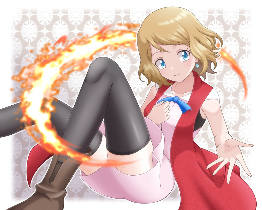 1girl absurdres black_thighhighs blonde_hair blue_eyes blue_ribbon boots brown_footwear closed_mouth coat commentary_request dress earrings eyelashes fire hand_up highres jewelry looking_down neck_ribbon open_clothes open_coat pink_dress pokemon pokemon_(anime) pokemon_xy_(anime) red_coat ribbon serena_(pokemon) sleeveless_coat smile solo spread_fingers thighhighs zeki231