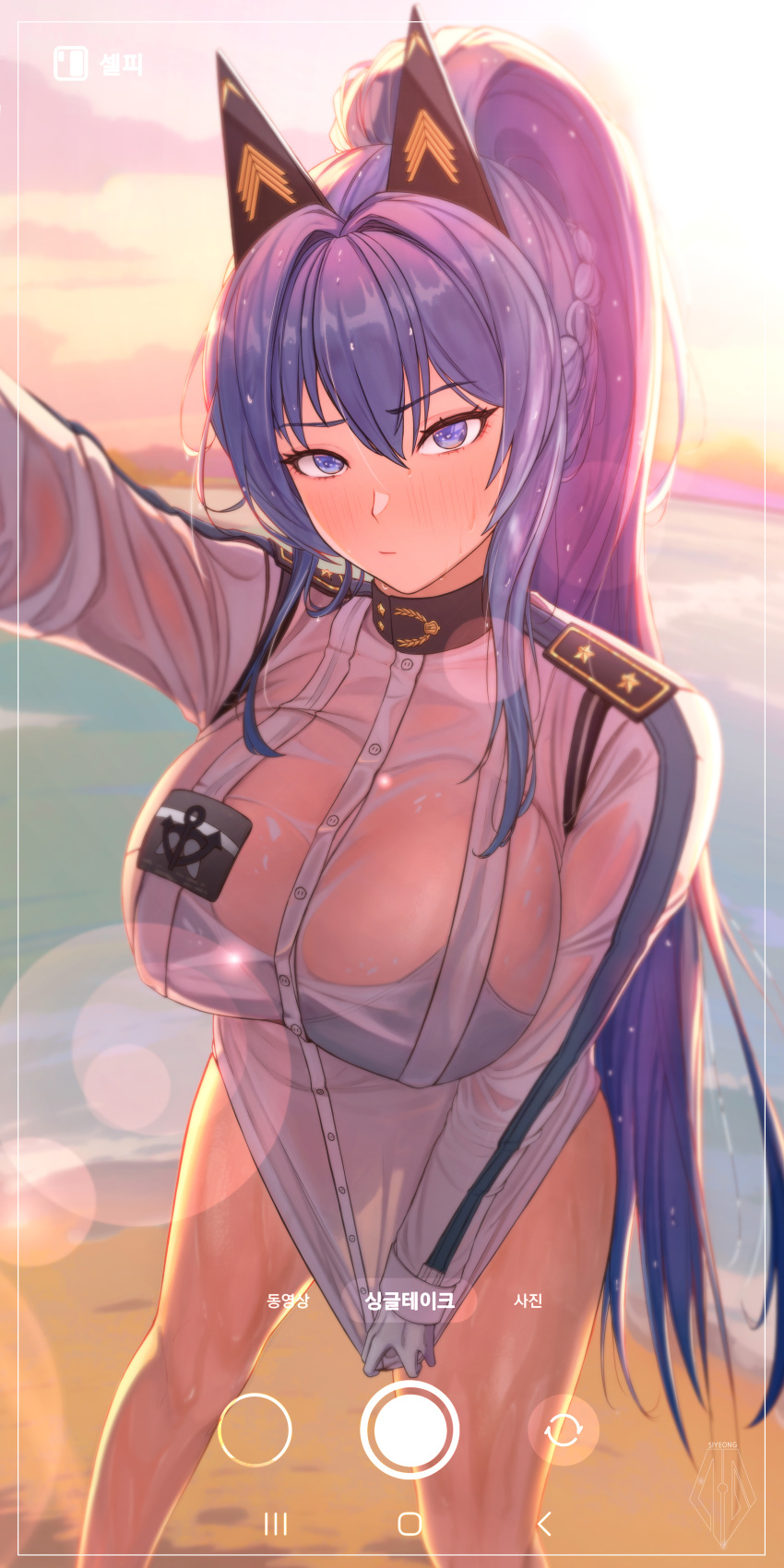 1girl absurdres arm_up beach bikini bikini_under_clothes blue_bikini blue_eyes blue_hair blush braid breasts closed_mouth cloud commentary fake_phone_screenshot fake_screenshot gloves goddess_of_victory:_nikke hair_between_eyes hair_intakes helm_(aqua_marine)_(nikke) helm_(nikke) highres jacket korean_text large_breasts lens_flare long_hair long_sleeves looking_at_viewer ocean official_alternate_costume official_alternate_hairstyle outdoors ponytail see-through see-through_cleavage see-through_jacket selfie shirt shirt_tug sidelocks siyeong solo standing sunset swimsuit taking_picture translation_request wet wet_clothes wet_jacket white_gloves white_jacket