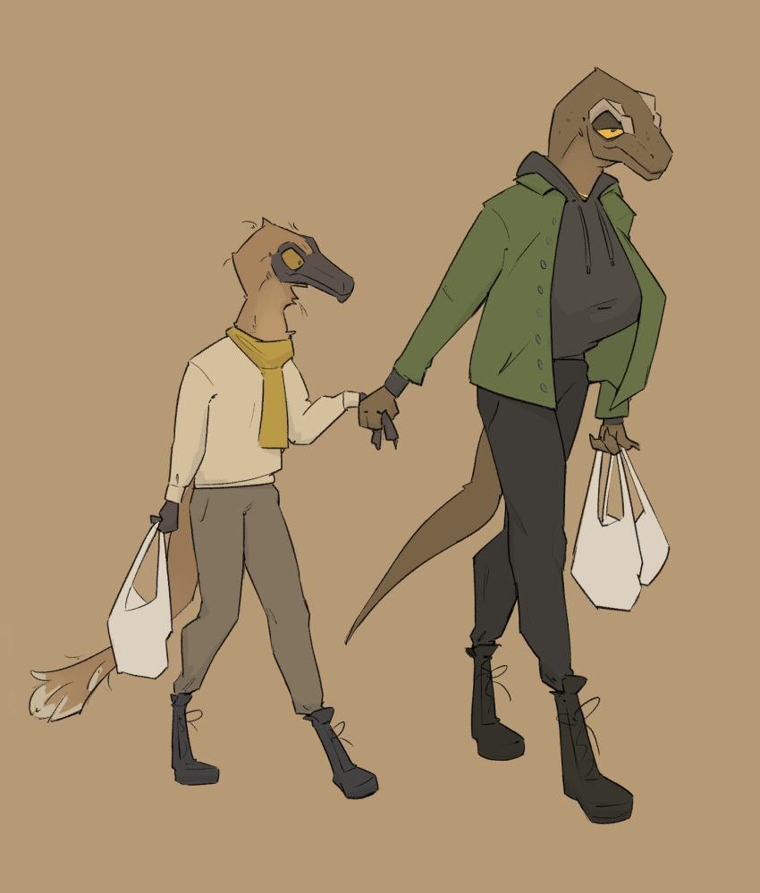 anthro bag boots bottomwear brown_body clothing dinosaur duo feathered_tail feathers female footwear freckles hand_holding hi_res hoodie jacket jayda_(zagz) jewelry jude_(zagz) male ornithomimid pants reptile scalie scarf simple_background sweater tail theropod topwear tyrannosaurid tyrannosaurus tyrannosaurus_rex walking yellow_eyes zagz