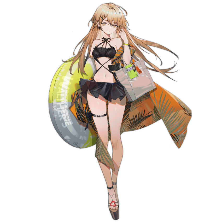 1girl bag bare_shoulders bikini black_bikini breasts brown_bag brown_eyes character_name closed_mouth collarbone copyright_name cross cross_earrings earrings floor girls'_frontline gun highres holding holding_bag holding_innertube innertube jewelry legs light_brown_hair long_hair looking_at_viewer navel official_alternate_costume official_art phone platform_footwear ppk_(foliage_romance)_(girls'_frontline) ppk_(girls'_frontline) revision sandals simple_background small_breasts smile solo standing summer swimsuit thigh_strap viewfinder weapon youamo