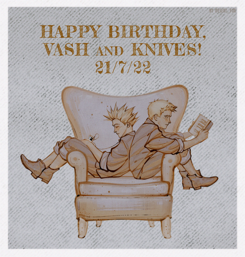2boys absurdres aged_down armchair back-to-back blonde_hair book brothers chair character_name closed_eyes closed_mouth dated desert_fox earphones english_text full_body happy_birthday highres holding holding_book mechanical_arms millions_knives mole multiple_boys prosthesis short_hair siblings single_mechanical_arm sitting spiked_hair trigun vash_the_stampede