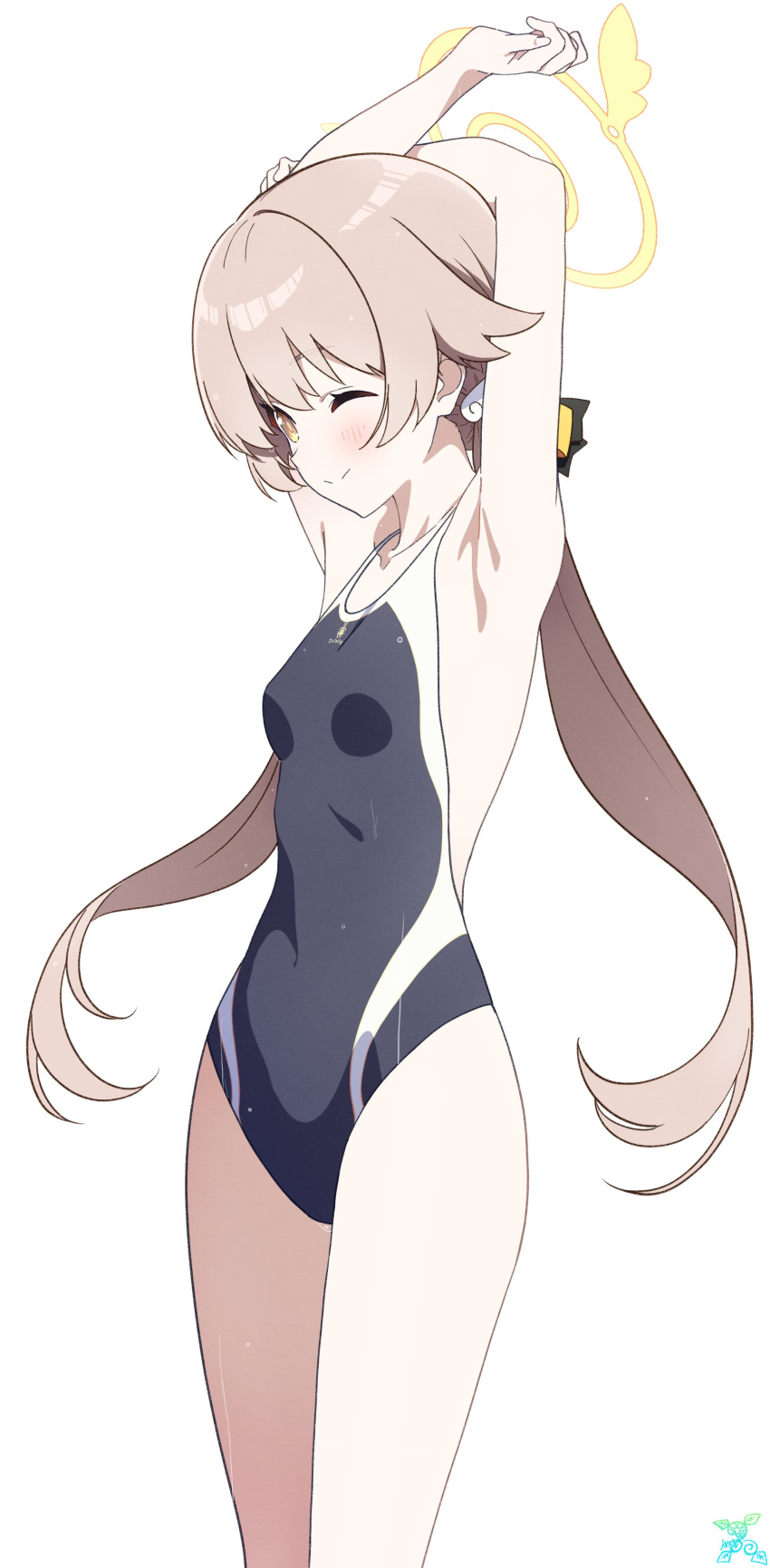 1girl ;) absurdres alternate_costume armpits arms_up black_one-piece_swimsuit blue_archive blush breasts brown_hair commentary competition_swimsuit halo hifumi_(blue_archive) highres long_hair looking_at_viewer low_twintails makicha_(sasurainopink) making-of_available one-piece_swimsuit one_eye_closed simple_background small_breasts smile solo standing swimsuit thighs twintails wet wet_clothes wet_swimsuit white_background yellow_eyes yellow_halo