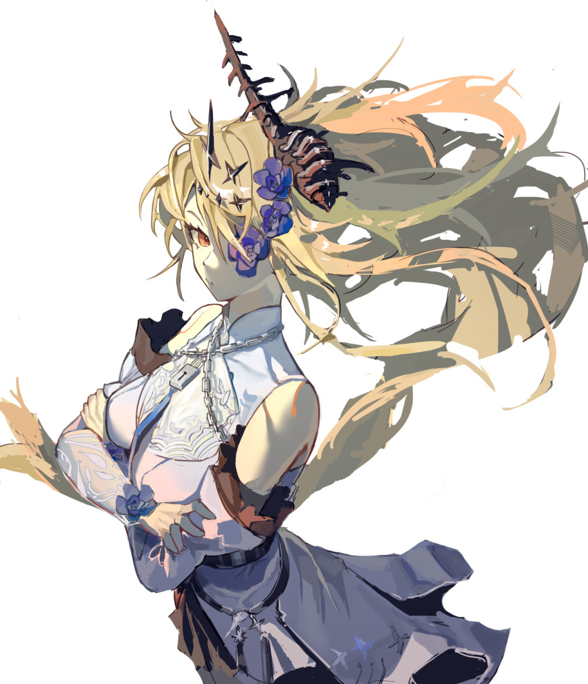 1girl alpha_(punishing:_gray_raven) bare_shoulders blue_flower blue_rose chain conch detached_sleeves flower flower_dress flower_over_eye grey_skirt hair_ornament highres light_brown_hair lock long_hair looking_at_viewer lucia:_crimson_abyss_(apocalyptic_cyan)_(punishing:_gray_raven) lucia:_crimson_abyss_(punishing:_gray_raven) one_eye_covered padlock punishing:_gray_raven red_eyes rose shell_hair_ornament shirt skirt solo wen54 white_background white_shirt