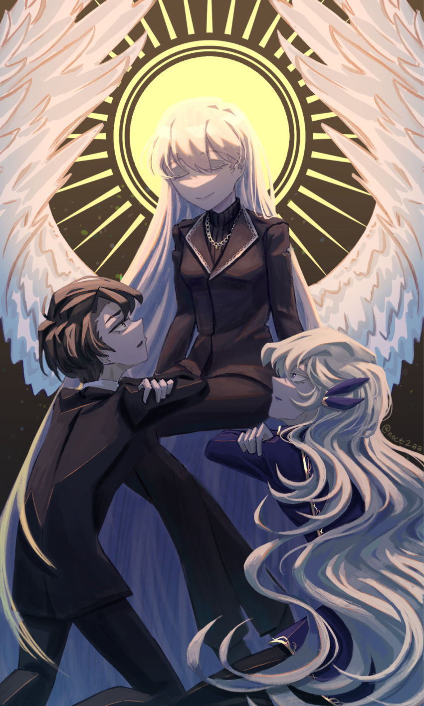 1boy 2girls angel_wings angelica_(library_of_ruina) argalia_(library_of_ruina) arms_at_sides black_hair black_jacket black_pants black_sweater blue_coat chain_necklace closed_eyes coat crossed_arms feathered_wings hair_ornament halo highres jacket jewelry kneeling lapels library_of_ruina long_hair looking_at_another low_wings multiple_girls necklace noct2aa pants parted_lips project_moon ribbed_sweater roland_(library_of_ruina) short_hair sitting smile straight_hair suit_jacket sweater tumblr_username turtleneck turtleneck_sweater very_long_hair wavy_hair white_hair white_wings wings