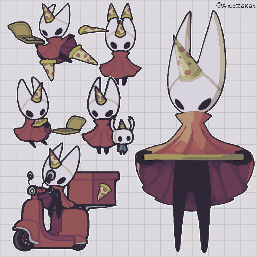 1girl 1other alicezakat arm_up arthropod_girl artist_name black_eyes blank_eyes blue_cloak box cloak commentary delivery driving eating english_commentary food food-themed_hat food_focus full_body grey_background grid_background hands_up hat high_collar highres holding holding_box holding_food hollow_knight hornet_(hollow_knight) knight_(hollow_knight) legs moped motor_vehicle multiple_hats multiple_views outline outstretched_arm party_hat pizza pizza_box pizza_slice red_cloak simple_background sitting standing throwing twitter_username watermark white_outline yellow_headwear