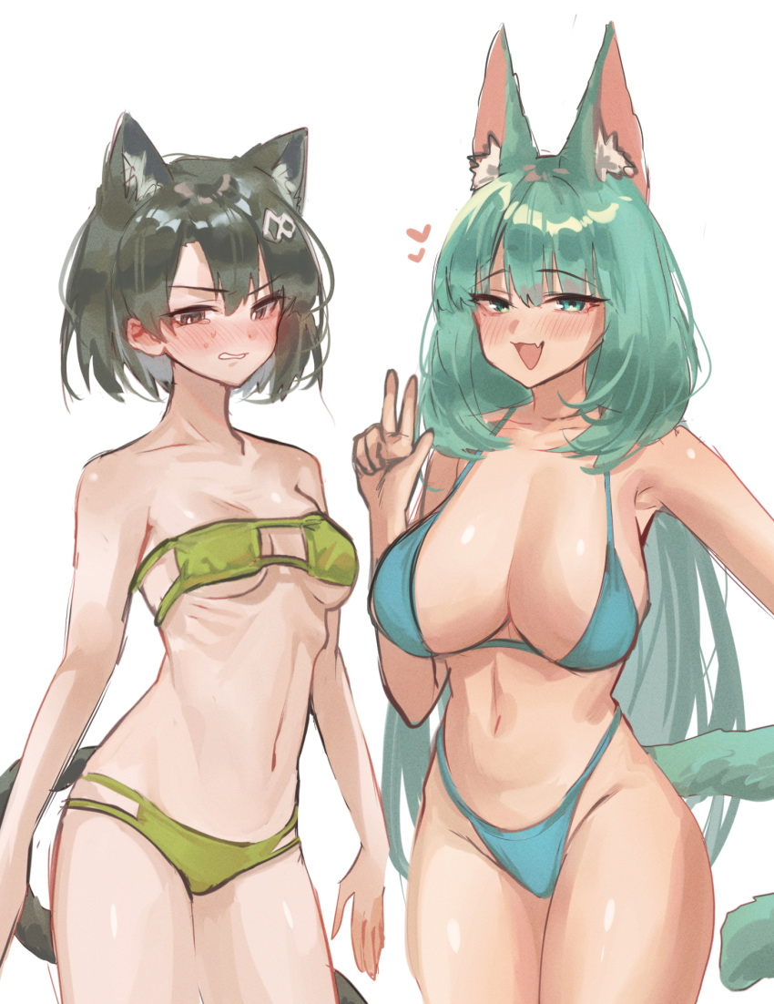 2girls animal_ears arknights bikini blue_bikini blush breasts brown_eyes cat_ears cat_girl cat_tail clenched_teeth cowboy_shot extra_ears fang green_bikini green_eyes green_hair groin hair_ornament hand_up harmonie_(arknights) heart highres kaguura_(kagu) large_breasts long_hair looking_at_viewer mandragora_(arknights) multiple_girls open_mouth ribs short_hair simple_background sketch skin_fang small_breasts strapless strapless_bikini swimsuit tail teeth thighs w white_background