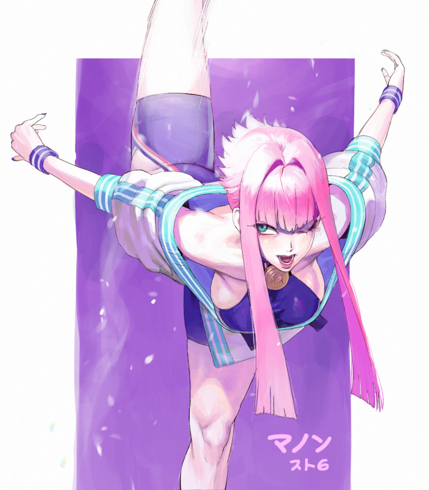 1girl ballerina blue_eyes breasts conto dougi highres hime_cut large_breasts leg_up manon_(street_fighter) one_eye_closed pink_hair sideboob standing standing_on_one_leg street_fighter street_fighter_6 wristband