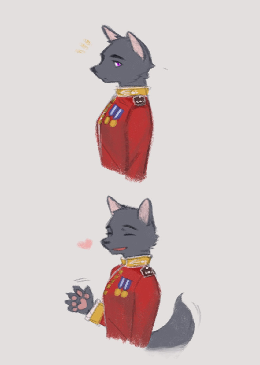 &lt;3 anthro canid canine canis clothed clothing digital_media_(artwork) fur gesture grey_body grey_fur hi_res kunit681712 looking_at_viewer male mammal medal open_mouth purple_eyes simple_background smile smiling_at_viewer solo tail tail_motion uniform waving wolf