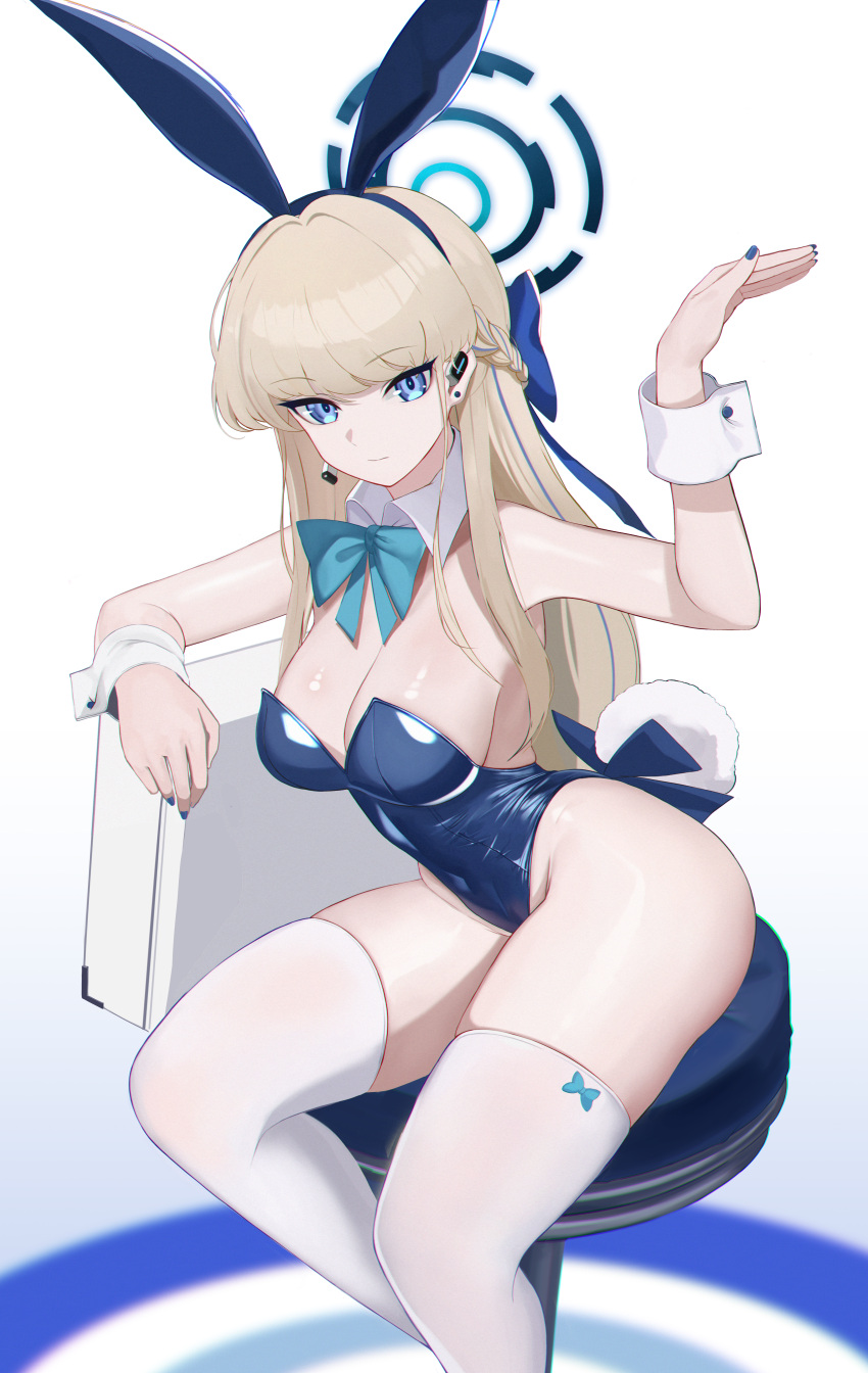 1girl absurdres animal_ears bare_shoulders blonde_hair blue_archive blue_bow blue_eyes blue_hairband blue_leotard blue_nails bow bowtie braid breasts briefcase cleavage detached_collar ear_piercing earpiece fake_animal_ears gcg hairband halo hand_up highleg highleg_leotard highres leaning_on_object leaning_to_the_side leotard long_hair medium_breasts microphone multicolored_hair official_alternate_costume official_alternate_hairstyle piercing playboy_bunny rabbit_ears sitting skindentation solo stool streaked_hair thighhighs thighs toki_(blue_archive) toki_(bunny)_(blue_archive) very_long_hair white_thighhighs wrist_cuffs