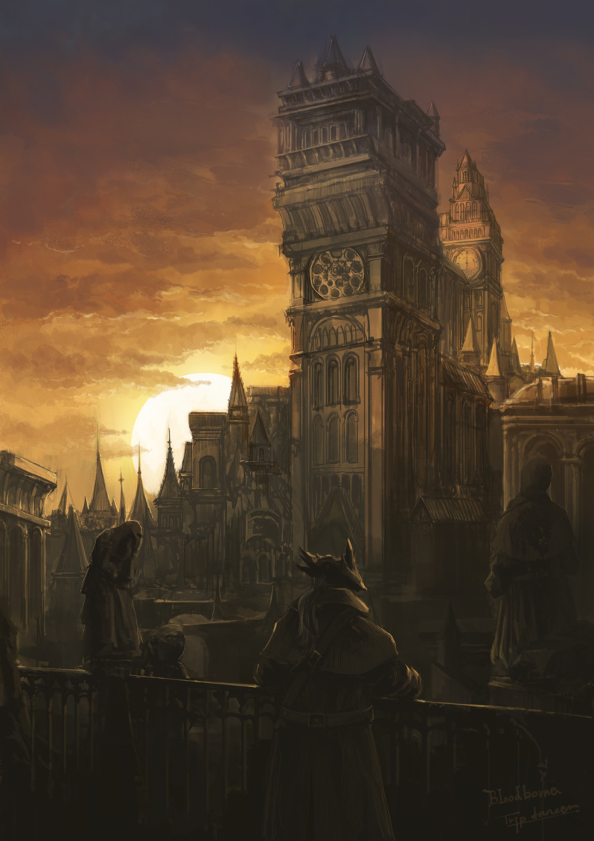 1other ambiguous_gender artist_name bloodborne brown_coat building city cloud coat copyright_name figure from_behind hat highres outdoors ponytail scenery standing sun sunset tower tricorne tripdancer