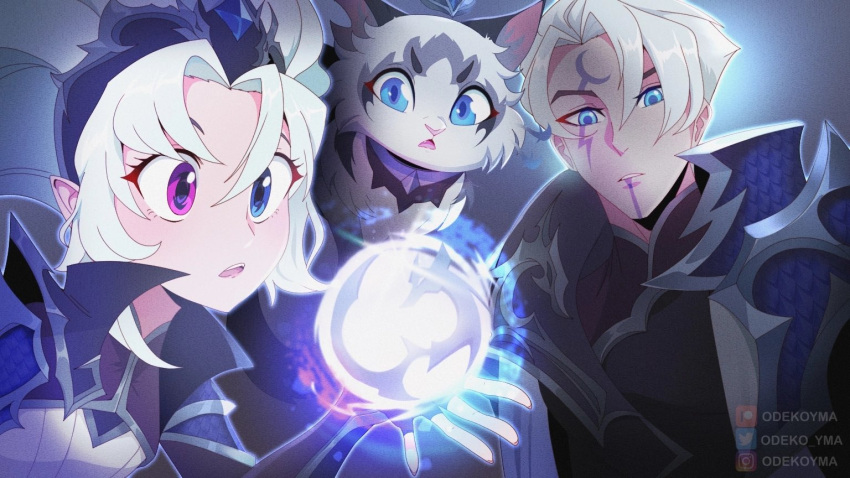 1boy 1girl animal aphelios artist_name ball black_gloves blue_eyes cat edg_aphelios edg_yuumi edg_zoe facial_mark fingerless_gloves gem gloves league_of_legends magic odeko_yma official_alternate_costume open_mouth ponytail short_hair teeth upper_body upper_teeth_only watermark white_hair yuumi_(league_of_legends) zoe_(league_of_legends)