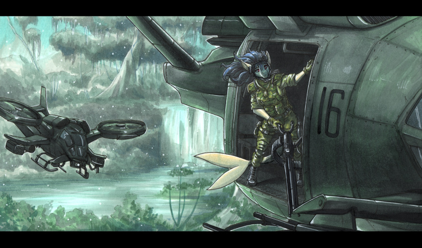 2023 absurd_res aircraft anthro at-99_scorpion_gunship biped blue_hair clothing ewgengster_(artist) female fish forest gas_mask hair helicopter hi_res james_cameron's_avatar marine mask military_uniform outside pandora_(planet) plant red_eyes sa-2_samson_gunship scales shark solo traditional_media_(artwork) tree uniform vtol yellow_body yellow_scales