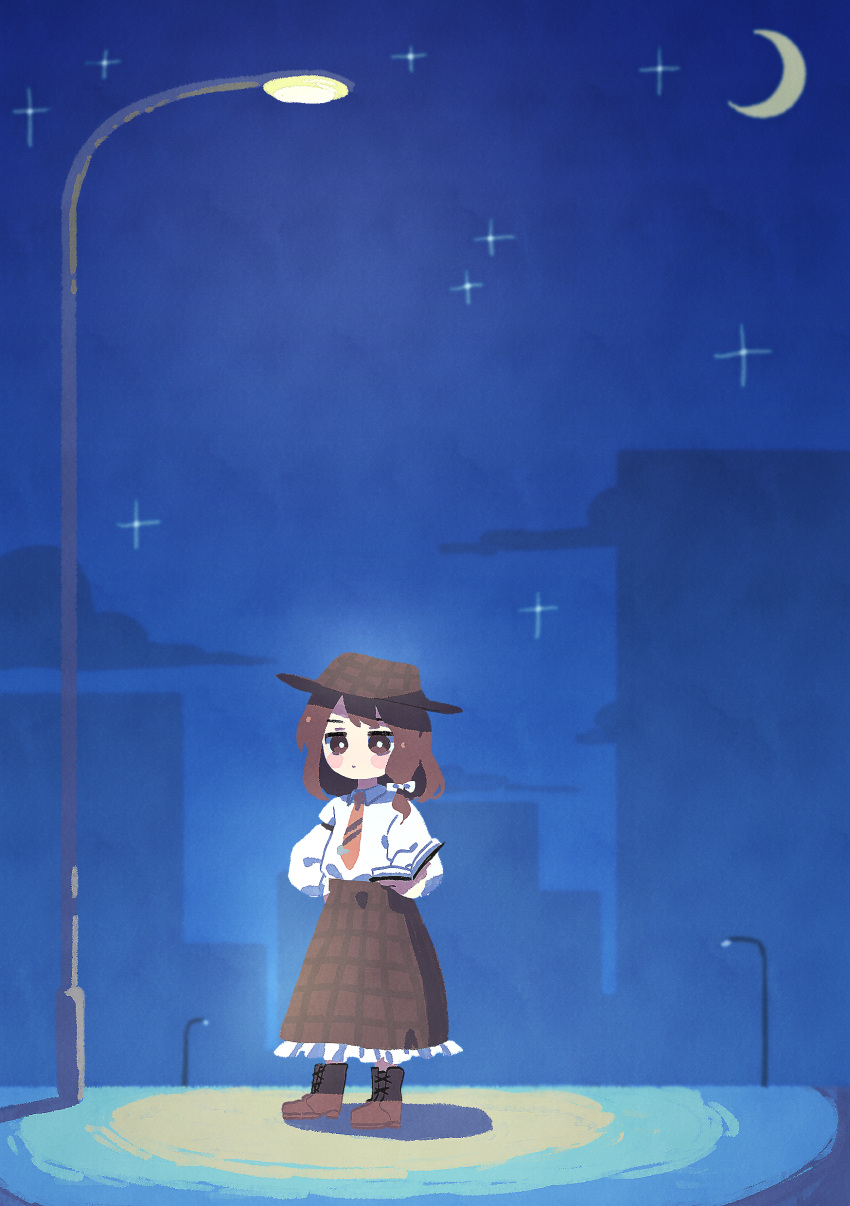 1girl absurdres blush book bow brown_eyes brown_hair brown_necktie brown_skirt building cloud collared_shirt commentary crescent_moon frilled_skirt frills hand_on_own_hip hat highres holding holding_book lamppost long_skirt long_sleeves medium_hair moon nama_udon necktie night night_sky open_book outdoors plaid plaid_skirt road shirt shirt_tucked_in shoes short_hair skirt sky solo standing star_(sky) tie_clip touhou usami_renko white_bow white_shirt