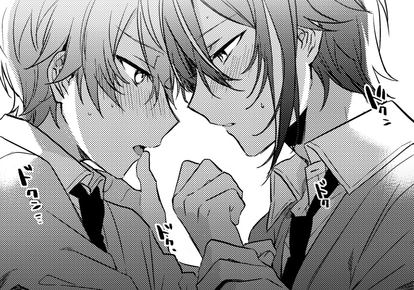 2boys blush cardigan chanms clenched_hand collared_shirt commentary eye_contact face-to-face finger_to_another's_mouth from_side greyscale hair_between_eyes halftone hand_on_another's_arm heartbeat highres kamishiro_rui kamiyama_high_school_uniform_(project_sekai) long_bangs looking_at_another looking_to_the_side loose_necktie male_focus monochrome multicolored_hair multiple_boys necktie open_collar open_mouth parted_lips profile project_sekai school_uniform shirt short_hair simple_background sound_effects streaked_hair sweat tenma_tsukasa two-tone_hair upper_body yaoi