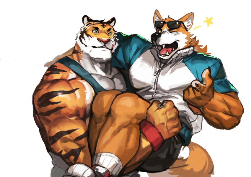 anthro canid carrying_another carrying_partner duo eyewear eyewear_on_head felid hi_res male male/male mammal muscular muscular_anthro muscular_male pantherine pecs striped_body stripes sunglasses sunglasses_on_head tiger traver009