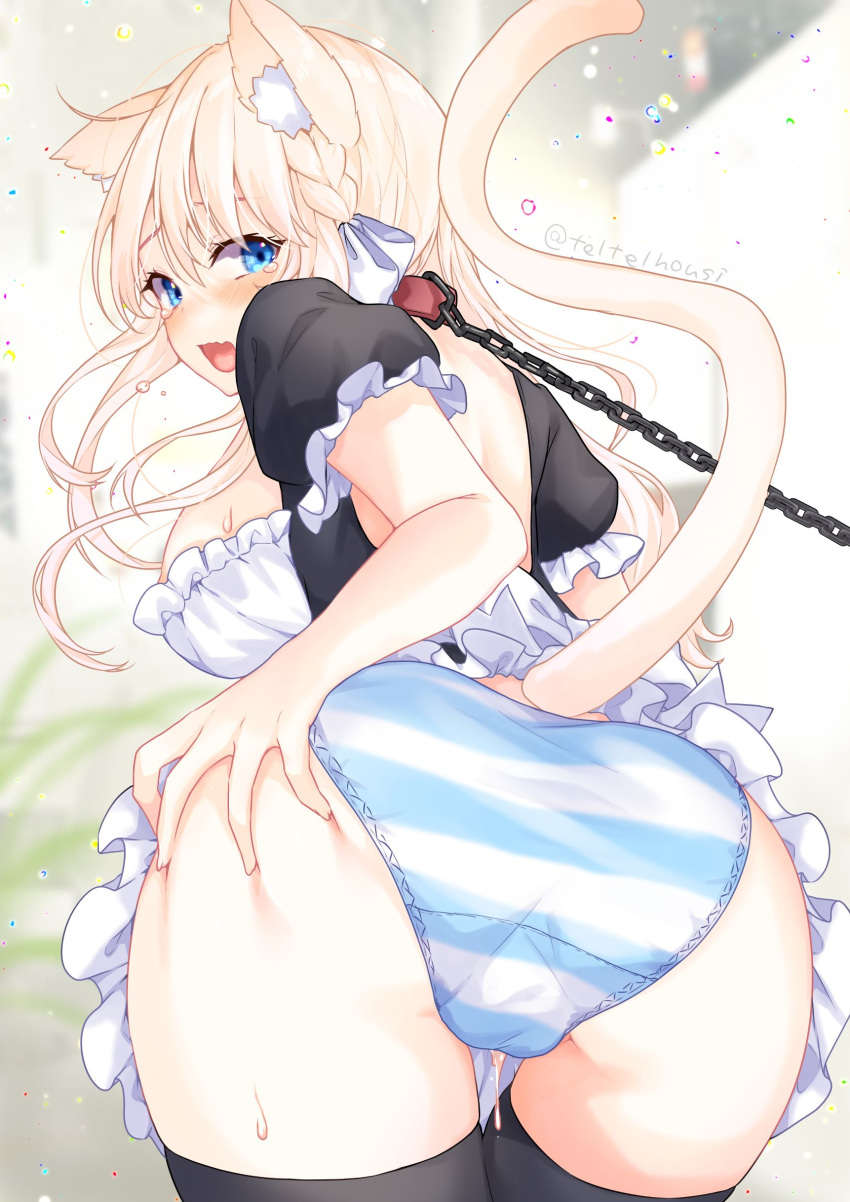 1girl absurdres animal_collar animal_ear_fluff animal_ears ass ass_focus ass_grab backless_dress backless_outfit black_thighhighs blonde_hair blue_eyes blue_stripes blurry blurry_background blush bow braid breasts cameltoe cat_ears cat_tail chain clothes_lift collar cowboy_shot crying deep_skin dress dress_lift dripping embarrassed fat_mons floating_hair french_braid frilled_dress frills from_behind furrowed_brow grabbing_own_ass hair_between_eyes hair_bow hand_on_own_ass highres hina_kurisu large_breasts leaning_forward leash long_hair looking_at_viewer looking_back maid open_mouth panties puffy_sleeves pussy_juice short_sleeves solo striped striped_panties sweat tail tail_raised tears teltelhousi thigh_gap thighhighs tongue two-tone_dress underwear unreal_night_girls wavy_mouth white_bow white_stripes