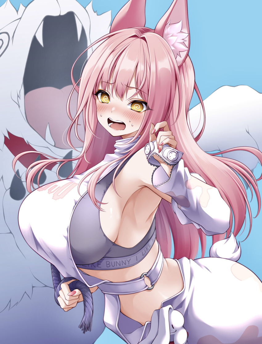 1girl @_@ animal_collar animal_ear_fluff animal_ears armpits bare_shoulders blush breasts clothes_writing collar detached_sleeves goddess_of_victory:_nikke hair_between_eyes hair_intakes highres holding large_breasts leona_(nikke) lion long_hair nervous open_mouth pink_hair piyopiyomaru_(piyo8823) shirt sideboob sidelocks tail timi_(nikke) white_shirt yellow_eyes zipper