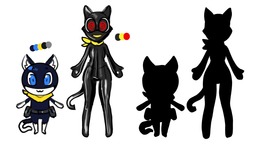 :3 absurd_res anthro atlus belt beta_morgana_(persona) black_body black_fur blue_eyes bodysuit chibi clothing color_swatch domestic_cat duo felid feline felis female fur hi_res male mammal megami_tensei megami_tensei_persona mitten_hands model_sheet morgana_(persona) neckerchief red_eyes sega silhouette simple_background skinsuit spiral_eyes tight_clothing unknown_artist utility_belt white_background white_body white_fur