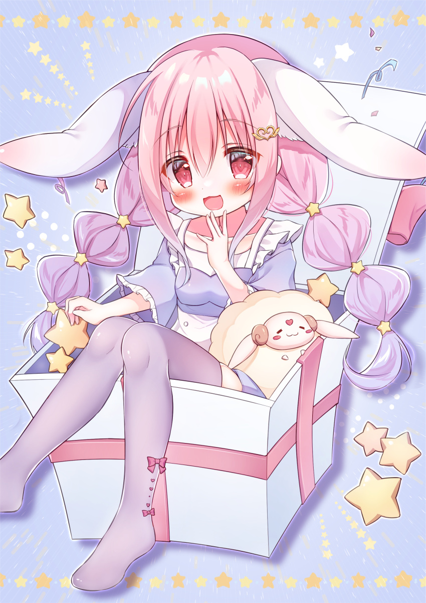 1girl :3 absurdres animal_ears blush child female_child food-themed_hair_ornament frilled_sleeves frills gift hair_ornament hanasakichu highres hololive indie_virtual_youtuber looking_at_viewer low_twintails open_gift open_mouth original pink_eyes pink_hair rabbit_ears sanrio sheep solo star_(symbol) strawberry_hair_ornament thighhighs twintails virtual_youtuber