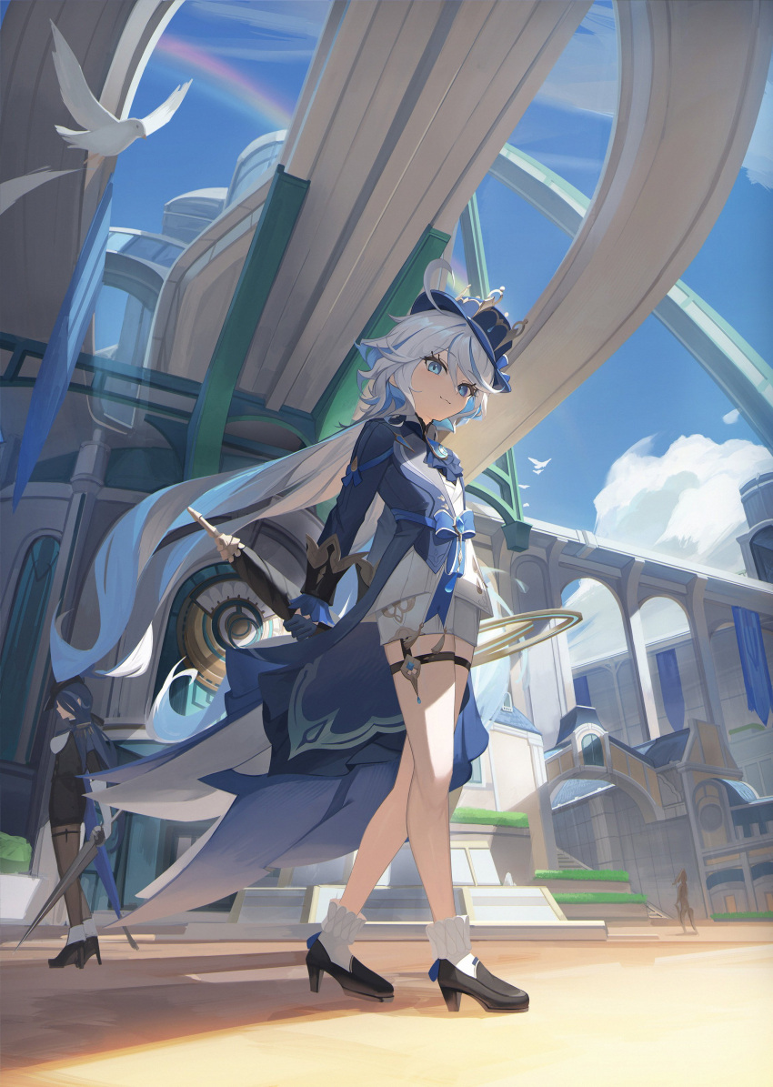 1girl 2girls absurdres ahoge ascot bird black_gloves blue_eyes blue_gloves blue_headwear blue_jacket blue_sky clorinde_(genshin_impact) cloud cloudy_sky day eruthika full_body furina_(genshin_impact) genshin_impact gloves hat highres holding holding_sword holding_weapon jacket long_hair long_sleeves looking_at_viewer multicolored_hair multiple_girls outdoors shorts sky smile solo_focus sword top_hat weapon white_hair white_shorts