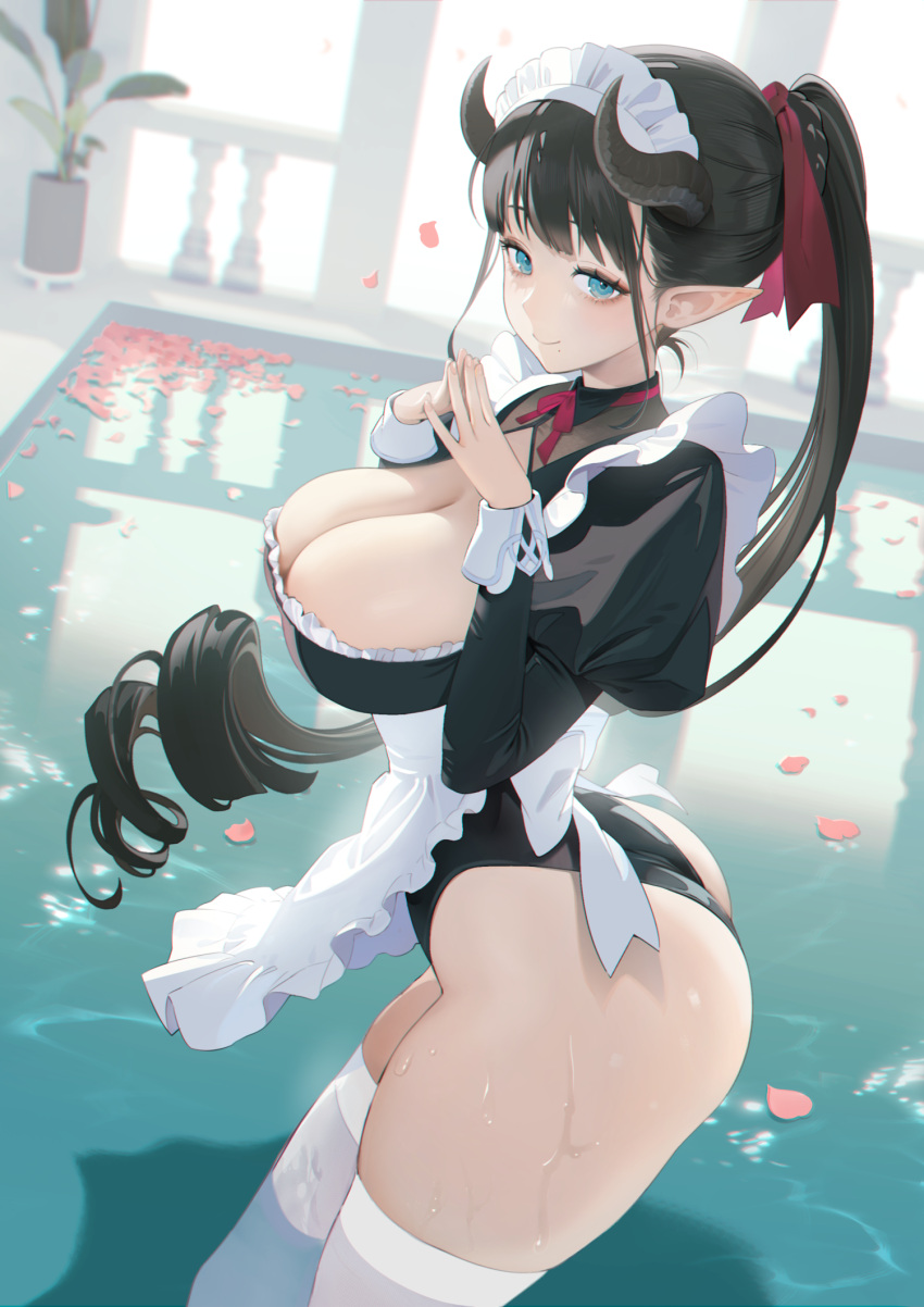 1girl apron ass bare_shoulders black_hair black_one-piece_swimsuit blue_eyes blunt_bangs blush breasts closed_mouth demon_girl drill_hair highres horns large_breasts long_hair long_sleeves looking_at_viewer maid maid_headdress one-piece_swimsuit original own_hands_together petals petals_on_liquid plant pointy_ears ponytail pool potted_plant sencha_bashira skindentation smile solo standing steepled_fingers swimsuit swimsuit_under_clothes thick_thighs thighhighs thighs wet