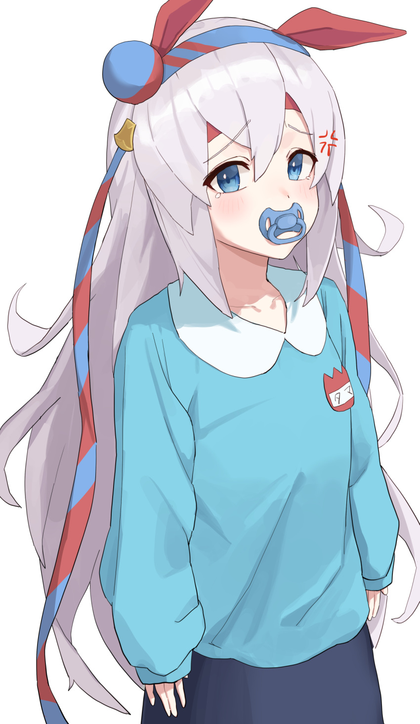 1girl absurdres anger_vein animal_ears asobi_nin blue_eyes blue_hairband blue_shirt breasts commentary_request cowboy_shot ear_covers grey_hair hair_between_eyes hairband highres horse_ears horse_girl kindergarten_uniform long_hair long_sleeves looking_at_viewer mouth_hold pacifier shirt simple_background skirt small_breasts solo tamamo_cross_(umamusume) tearing_up umamusume very_long_hair white_background