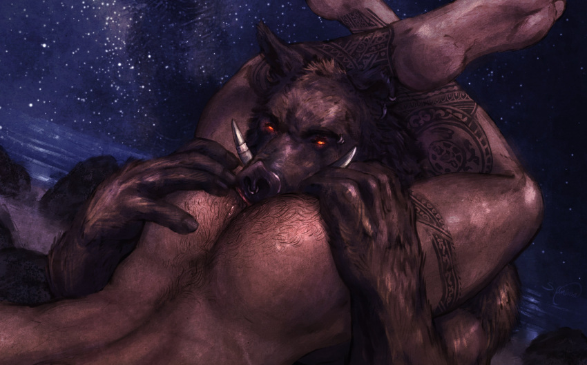 2023 absurd_res anal anthro biped body_hair brown_body brown_fur butt butt_hair detailed_background digital_media_(artwork) duo ear_piercing ear_ring eyebrow_piercing facial_piercing fur hand_on_butt hi_res human human_on_anthro interspecies leg_tattoo leg_wrap male male/male mammal oral orange_eyes outside_sex piercing rimming ring_piercing s_anima sex suid suina sus_(pig) tattoo tusks wild_boar
