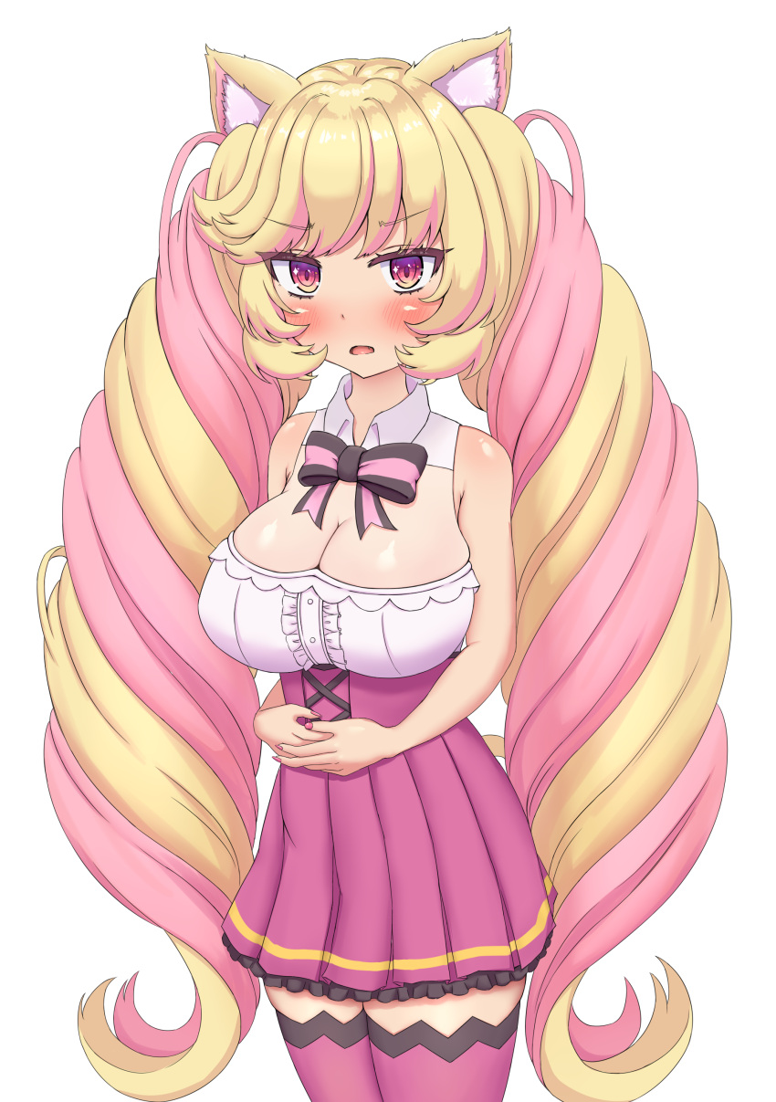 absurd_res animal_humanoid big_breasts blonde_hair blush bow_ribbon breasts cat_humanoid clothing domestic_cat dress felid felid_humanoid feline feline_humanoid felis female fluffy_ears hair hand_on_hand hanging_breasts hi_res himeko_mashima huge_breasts humanoid legwear long_hair mammal mammal_humanoid mashima_(kari) multicolored_hair open_mouth pantyhose pink_hair red_eyes sanrio show_by_rock!! simple_background solo twintails_(hairstyle) two_tone_hair