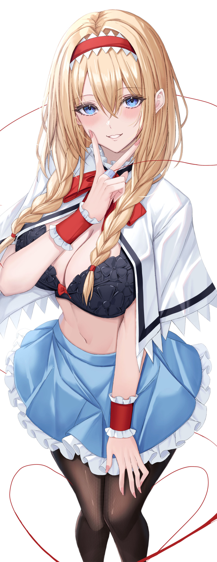 1girl 7saki absurdres alice_margatroid black_bra black_pantyhose blonde_hair blue_eyes blue_skirt blush bow bow_bra bowtie bra braid breasts capelet cleavage flower_bra frilled_hairband frilled_skirt frills grin hair_between_eyes hairband hand_on_own_thigh highres knees_together_feet_apart large_breasts lolita_hairband long_hair looking_at_viewer midriff miniskirt naughty_face navel necktie open_clothes pantyhose red_hairband red_necktie revealing_clothes scrunchie simple_background sketch skirt smile solo string string_of_fate touhou twin_braids underwear v_over_mouth white_background white_capelet wrist_scrunchie