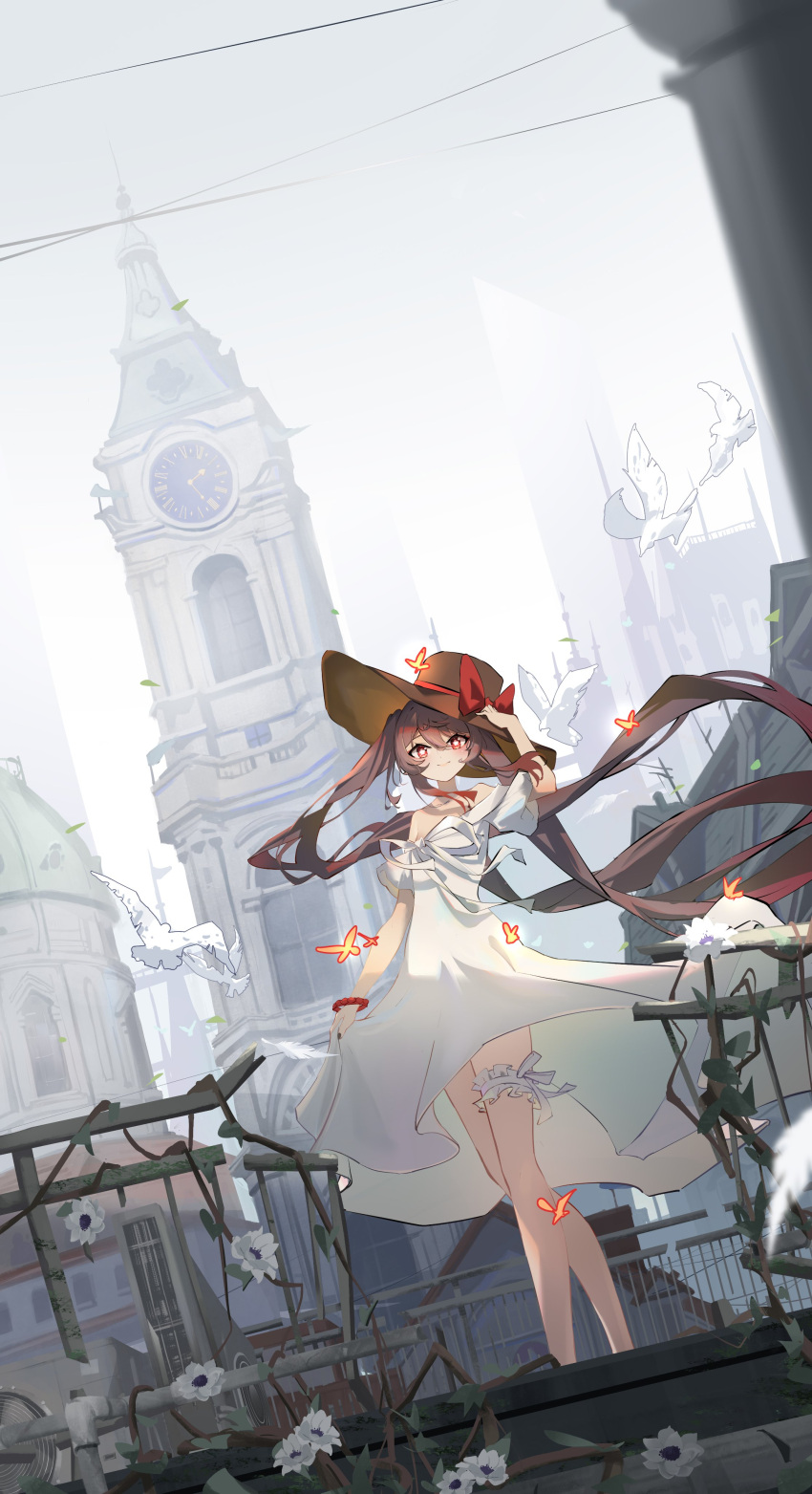 1girl absurdres alternate_costume bead_bracelet beads bird bracelet breasts bridal_garter bright_pupils brown_hair bug building butterfly clock clock_tower closed_mouth dress floating_hair flower flower-shaped_pupils genshin_impact hand_on_headwear hat highres hu_tao_(genshin_impact) jewelry long_hair looking_at_viewer off-shoulder_dress off_shoulder qixia red_eyes small_breasts smile sun_hat symbol-shaped_pupils tower twintails white_bird white_dress white_flower white_pupils