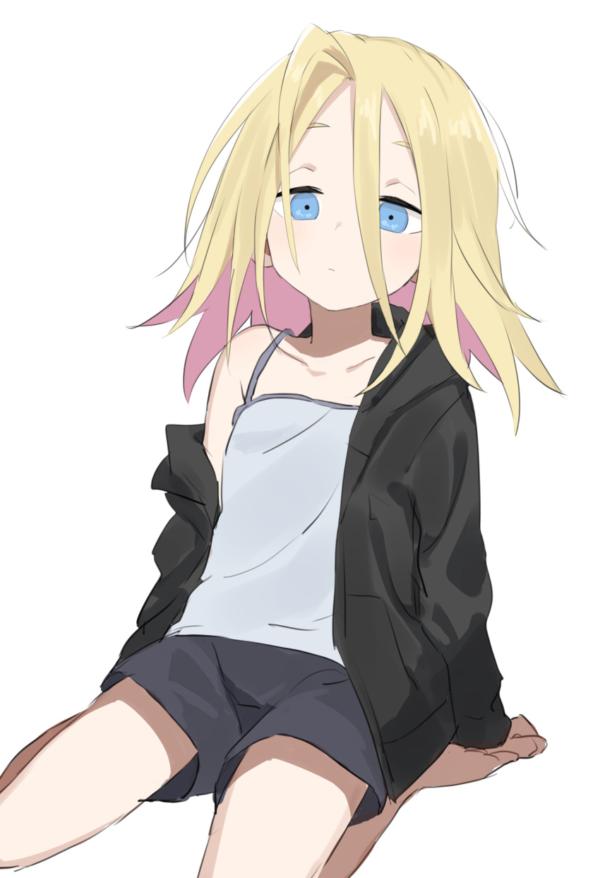 1girl :&lt; absurdres ahoge arm_support black_jacket blonde_hair blue_eyes camisole collarbone do_it_yourself!! gazacy_(dai) hair_between_eyes highres hood hooded_jacket jacket juliet_queen_elizabeth_viii medium_hair open_clothes open_jacket shorts simple_background single_bare_shoulder sitting solo white_background