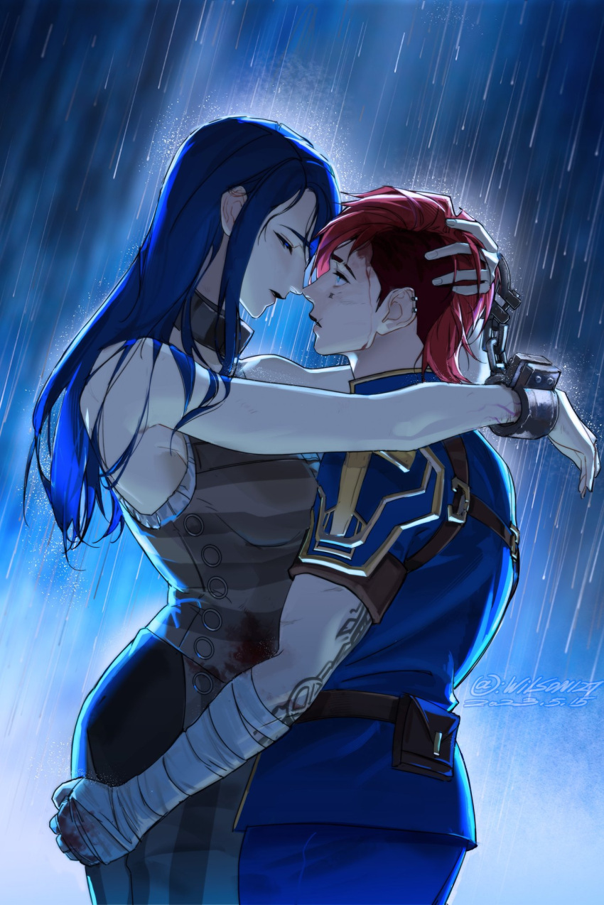 2girls arcane:_league_of_legends blue_hair caitlyn_(league_of_legends) cuffs dated ear_piercing hand_on_another's_head highres league_of_legends long_hair multiple_girls outdoors parted_lips piercing rain red_hair shackles short_hair sidecut twitter_username vi_(league_of_legends) xwilson127 yuri