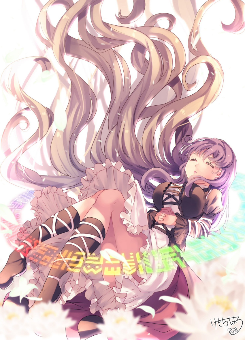1girl black_footwear blonde_hair boots breasts closed_eyes commentary_request cross-laced_clothes dress flower gradient_hair highres hijiri_byakuren juliet_sleeves kemo_chiharu large_breasts layered_dress long_hair long_sleeves lotus multicolored_hair open_mouth petals puffy_sleeves purple_hair solo sorcerer's_sutra_scroll thigh_boots touhou turtleneck_dress two-tone_hair wavy_hair white_dress
