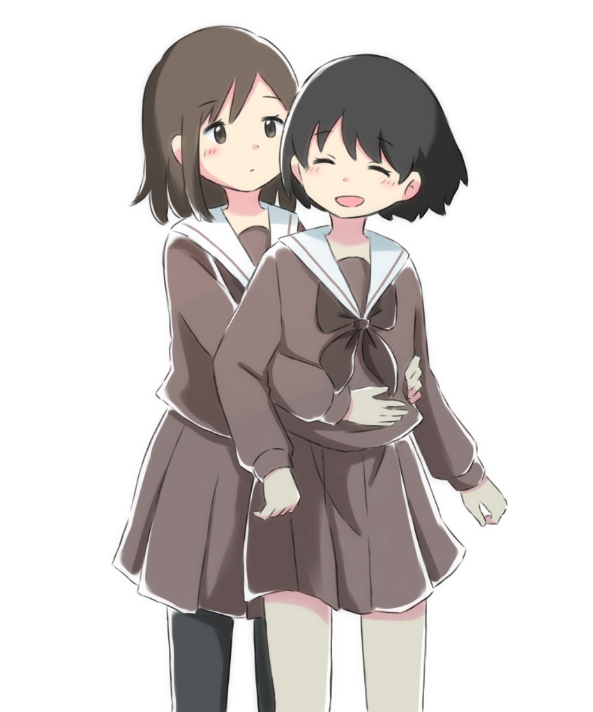 2girls :d arms_around_waist arms_at_sides azchipi black_hair black_pantyhose blush bob_cut brown_eyes brown_hair brown_neckerchief brown_serafuku brown_skirt closed_eyes closed_mouth commentary cowboy_shot dress_shirt expressionless eyelashes front_to_back hands_on_another's_stomach highres hug hug_from_behind long_sleeves looking_at_another multiple_girls neckerchief open_mouth original pantyhose pleated_skirt sailor_collar school_uniform serafuku shirt short_hair simple_background skirt smile swept_bangs turning_head white_background white_sailor_collar yuri