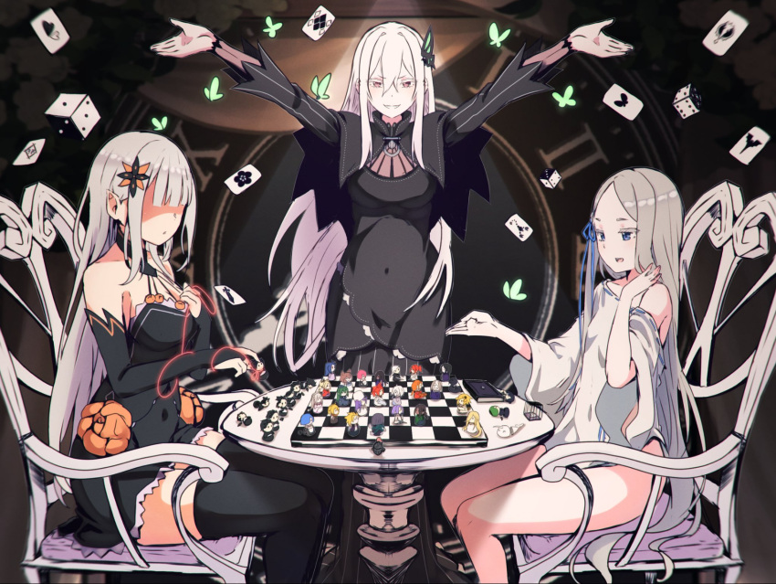 3girls anastasia_hoshin bare_legs bare_shoulders beatrice_(re:zero) black_dress blue_ribbon blunt_bangs board_game butterfly_hair_ornament capella_emerada_lugnica card chair chess chess_piece crusch_karsten dice dress echidna_(re:zero) elf emilia_(re:zero) evil_smile felix_argyle felt_(re:zero) flower garfiel_tinsel hair_ornament hand_in_own_hair hands_up highres julius_juukulius light_blush light_rays long_hair louis_arneb multiple_girls natsuki_subaru open_mouth orange_flower pandora_(re:zero) petelgeuse_romaneeconti pointy_ears priscilla_barielle ram_(re:zero) re:zero_kara_hajimeru_isekai_seikatsu regulus_corneas reinhard_van_astrea rem_(re:zero) ribbon roswaal_l._mathers satella_(re:zero) short_dress sirius_(re:zero) sitting smile standing string table tight_clothes white_dress zerobarto