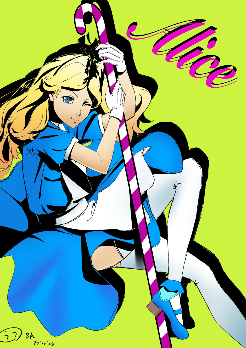1girl absurdres alice_(alice_in_wonderland) alice_(megami_tensei) alice_in_wonderland apron blonde_hair blue_dress blue_eyes blue_footwear candy candy_cane character_name commentary_request dated dress ebata_kyouhei food from_side gloves green_background highres holding holding_candy holding_candy_cane holding_food long_hair looking_at_viewer medium_dress one_eye_closed shadow shin_megami_tensei shoes signature smile solo thighhighs white_apron white_gloves white_thighhighs