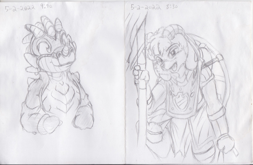 ambiguous_gender anthro armor bovid caprine clothed clothing dragon duo gloves goat half-length_portrait handwear hi_res kitsune_youkai mammal open_mouth portrait standing