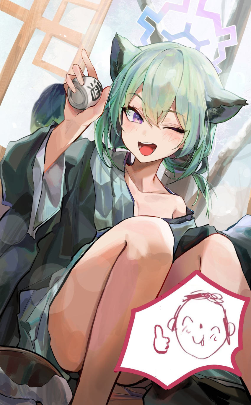 1boy 1girl animal_ears arona's_sensei_doodle_(blue_archive) ass bath_yukata blanc_(whit_blanc) blue_archive blush collarbone cup green_hair hair_between_eyes highres holding holding_cup japanese_clothes kimono long_sleeves medium_hair official_alternate_costume one_eye_closed open_mouth purple_eyes sensei_(blue_archive) shigure_(blue_archive) shigure_(hot_spring)_(blue_archive) smile tail weasel_ears weasel_tail wide_sleeves yukata