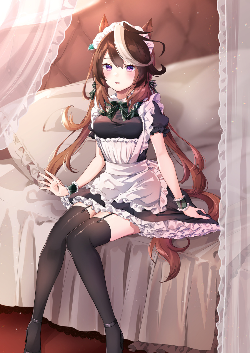 1girl :d alternate_costume animal_ears apron bed black_dress black_footwear black_thighhighs blush bow breasts brown_hair commentary_request curtains dress enmaided frilled_apron frilled_dress frilled_pillow frilled_sleeves frills garter_straps green_bow hair_between_eyes highres horse_ears horse_girl horse_tail indoors long_hair looking_at_viewer low_twintails maid maid_apron maid_headdress medium_breasts multicolored_hair on_bed pillow plaid plaid_bow puffy_short_sleeves puffy_sleeves purin_jiisan purple_eyes shoes short_sleeves sitting smile solo streaked_hair symboli_rudolf_(umamusume) tail thighhighs transparent twintails two-tone_hair umamusume very_long_hair white_apron white_hair wrist_cuffs