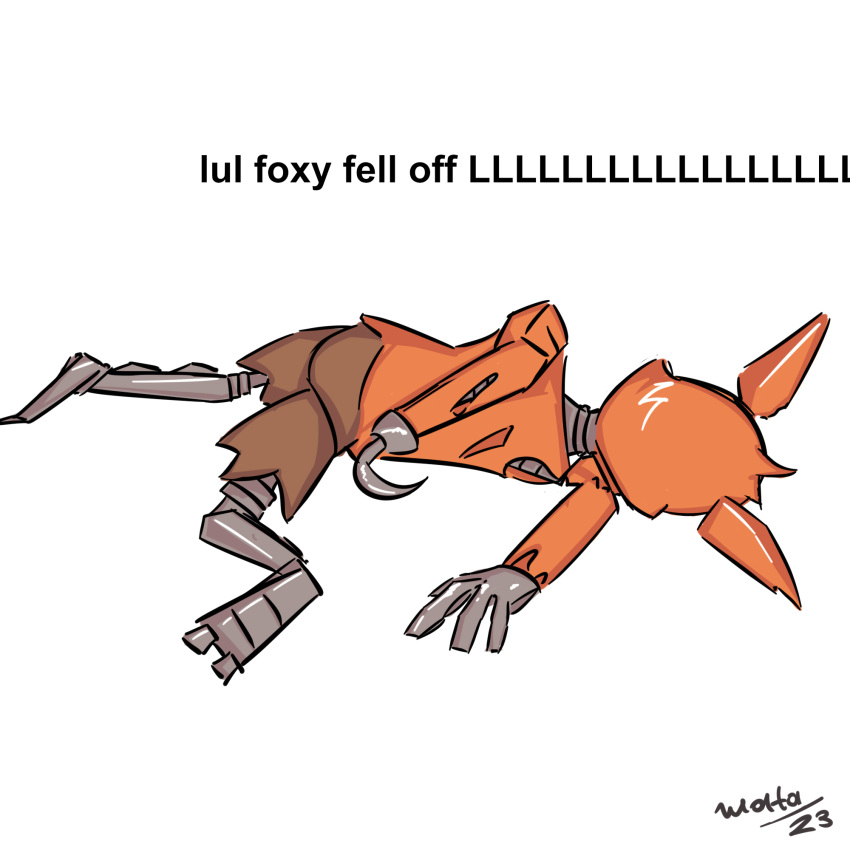 animatronic anthro canid canine death fell_down five_nights_at_freddy's fox foxy_(fnaf) hi_res machine male mammal meme robot scottgames simple_background solo text watashiao white_background