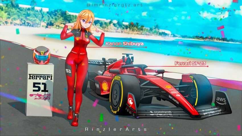 1girl artist_name beach car character_name confetti crunchyroll ferrari ferrari_sf-23 formal formula_one highres imrinzlergtz_art love_live! love_live!_superstar!! motor_vehicle orange_hair pirelli podium pointing pointing_at_self purple_eyes racetrack racing_suit scuderia_ferrari shell_(company) shibuya_kanon spoiler_(automobile) suit tire trophy vehicle_name