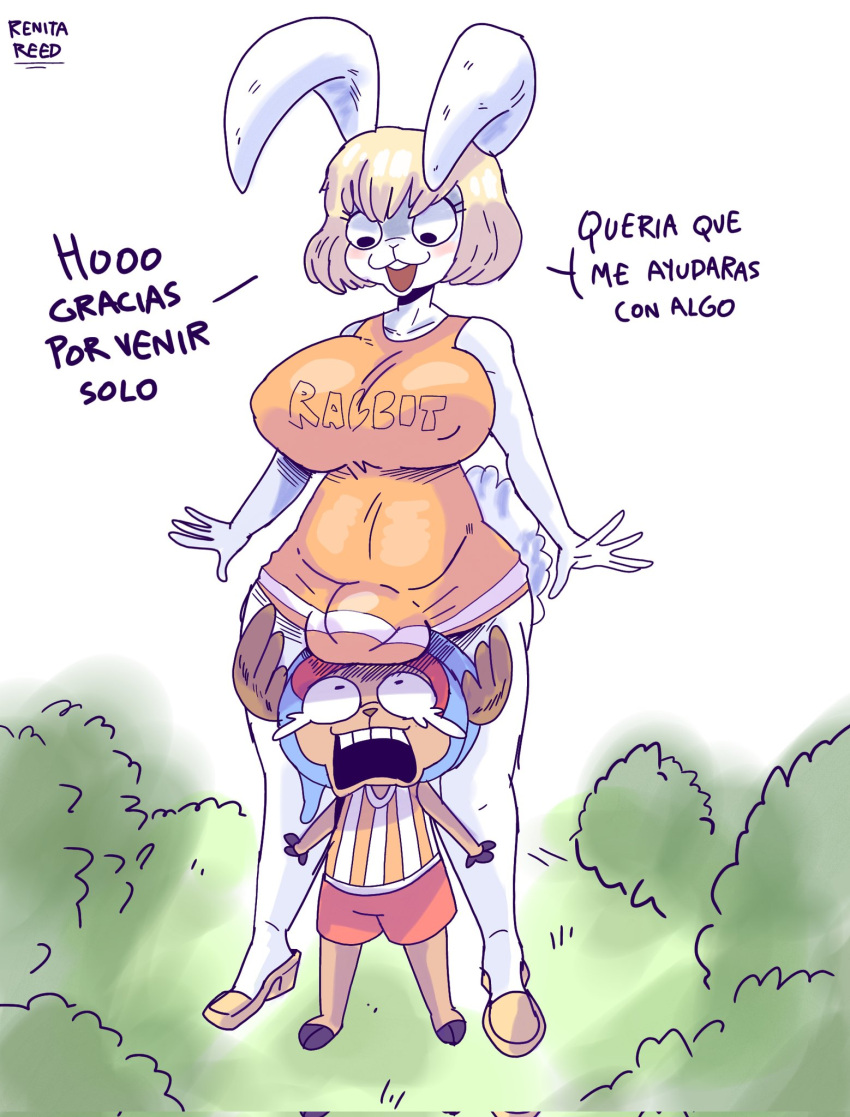 anthro big_breasts breasts deer duo fur gynomorph hi_res huge_breasts intersex lagomorph leporid male mammal one_piece rabbit renita_reed simple_background size_difference smaller_male spanish_text text white_background white_body white_fur