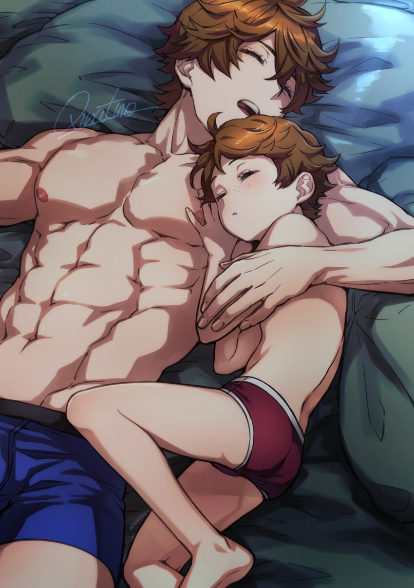 2boys abs age_difference blue_male_underwear brothers closed_eyes feet_out_of_frame freckles genshin_impact hand_on_another's_chest highres incest light_brown_hair lying male_focus male_underwear multiple_boys muscular muscular_male on_bed onii-shota open_mouth parted_lips pectorals red_male_underwear siblings signature single_arm_hug sleeping sleeping_on_person tartaglia_(genshin_impact) teeth teucer_(genshin_impact) tnoqina underwear underwear_only upper_body yaoi